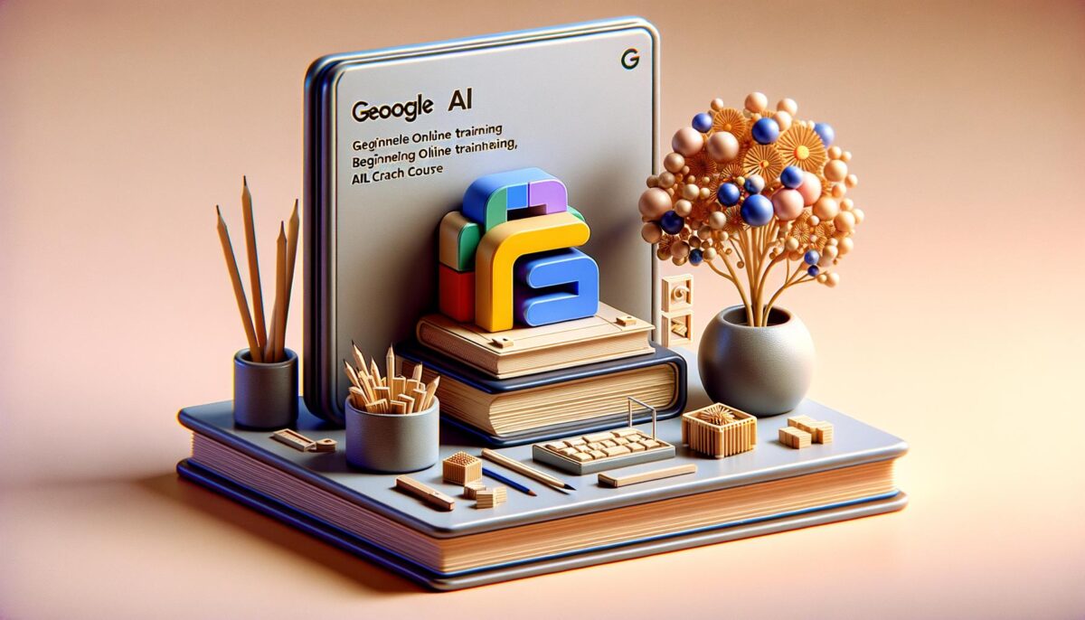 A stylized, colorful 3D scene with books, pencils, abstract shapes, and a potted plant on a desk.