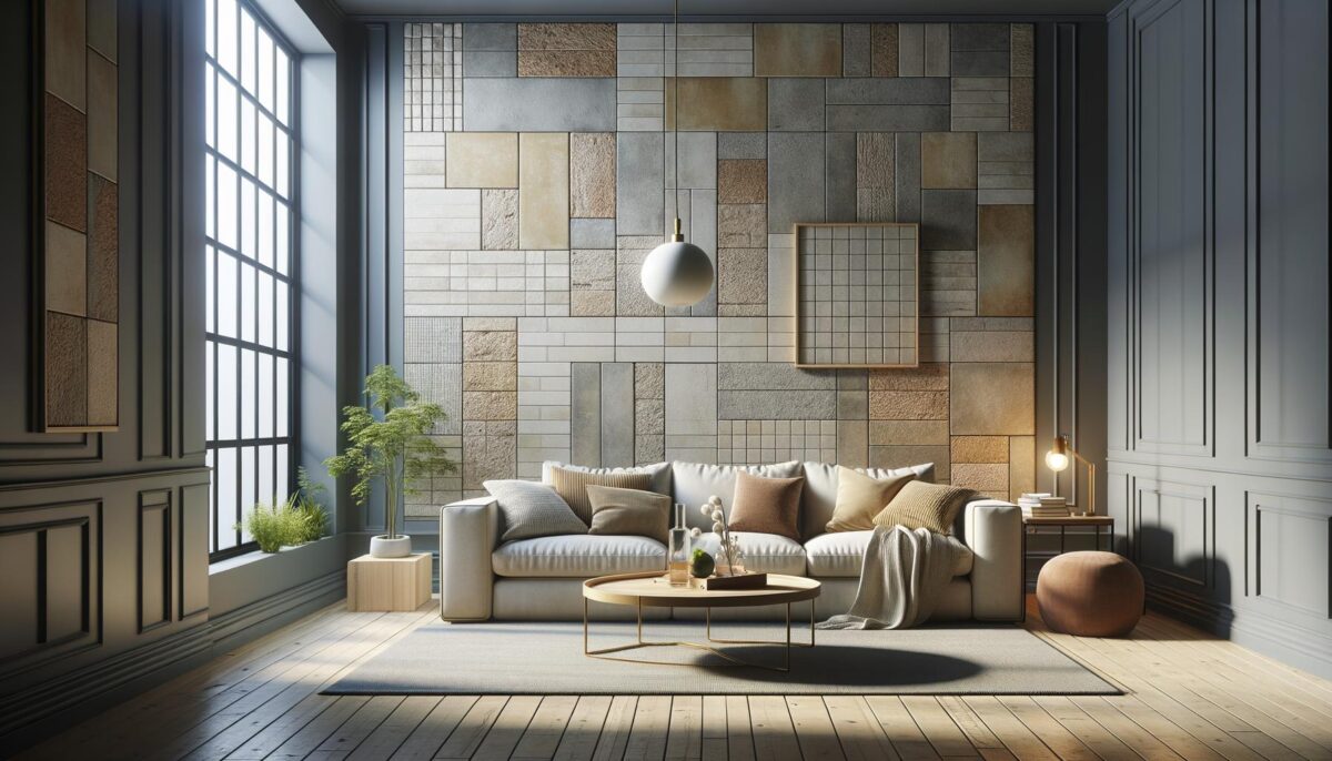 Cozy living room with large window, stylish sofa with cushions, round table, wall art, and soft lighting.