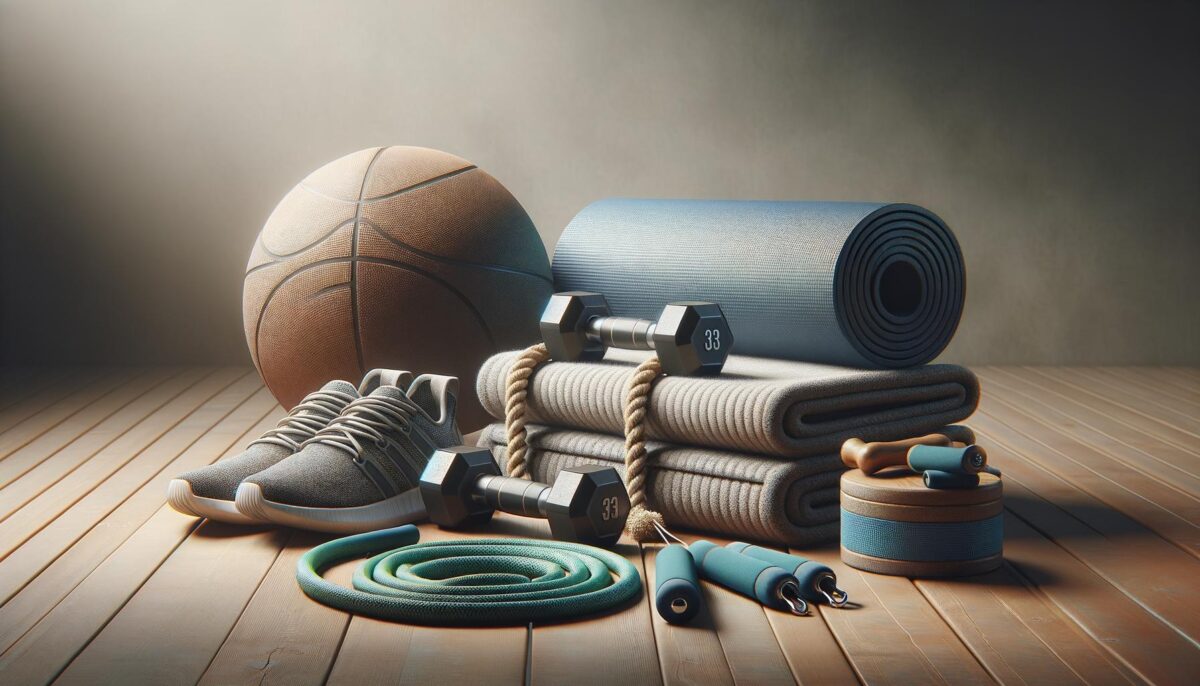 A basketball, sneakers, dumbbells, yoga mat, jump rope, and exercise bands on a wooden floor.
