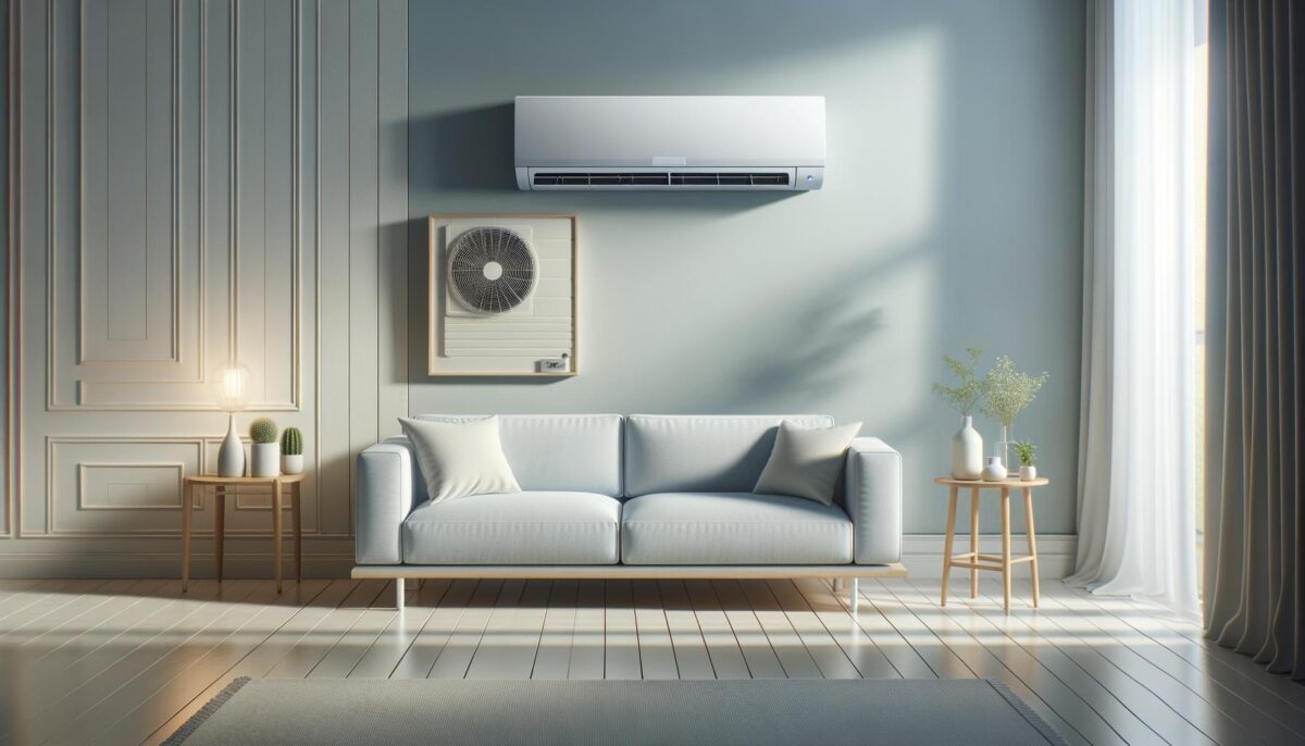 Minimalist living room with pale blue sofa, air conditioner, side tables, and decor set against a paneled wall.