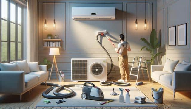 Person cleaning an air conditioner with tools in a stylish living room.
