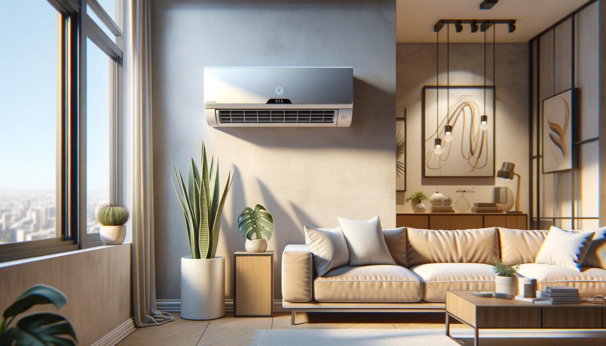 Modern living room with a wall-mounted air conditioner, large window, beige sofa, potted plants, and abstract artwork.