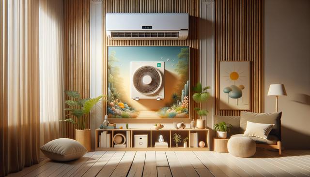 A cozy room with a modern air conditioner, tall plants, light wooden furniture, and soft lighting.