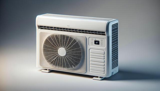 A white air conditioning unit with a large fan and digital display showing 27 degrees Celsius.