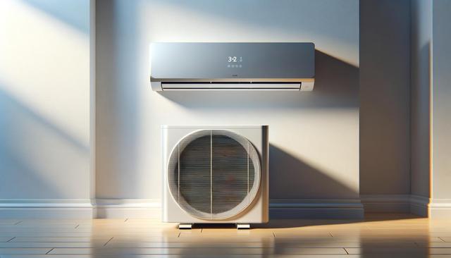 Wall-mounted air conditioner above indoor unit on a wooden floor, in sunlight.