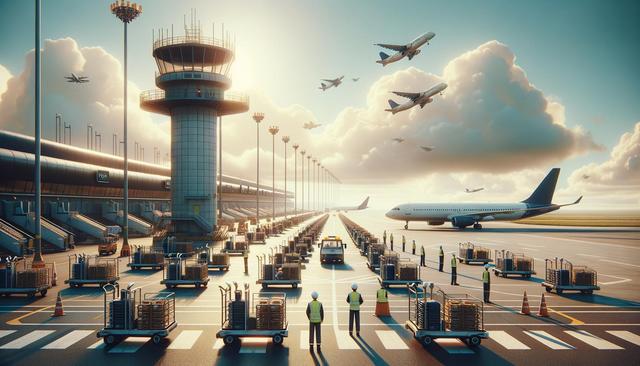 Airport runway scene with planes taking off, control tower, ground crew, and equipment under a cloudy sky.