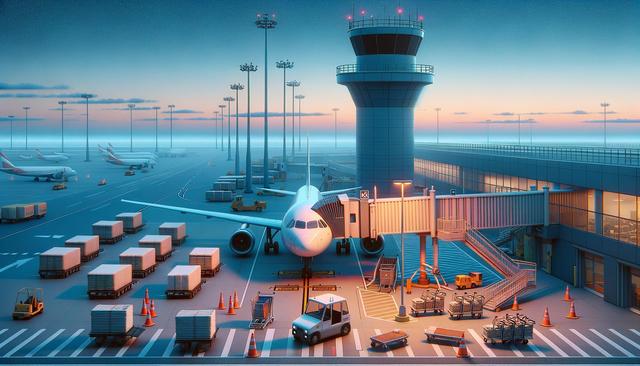 An airplane docked at a terminal gate during sunset, with a control tower, baggage carts, and lights illuminating the scene.