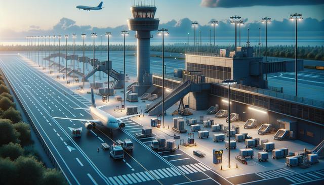 A busy airport terminal at dusk with a plane on the runway, a control tower, vehicles, equipment, and a plane taking off.