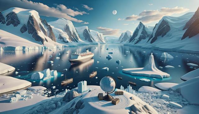 Snowy mountains surrounding icy water with boats, an ocean liner, and a large globe on the shore.