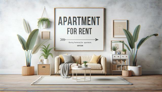 Cozy room with sofa, plants, art, and a large "Apartment For Rent" sign.
