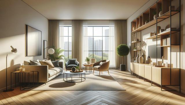 Modern living room with beige sofa, chairs, coffee tables, large windows, wooden shelves, and plants.
