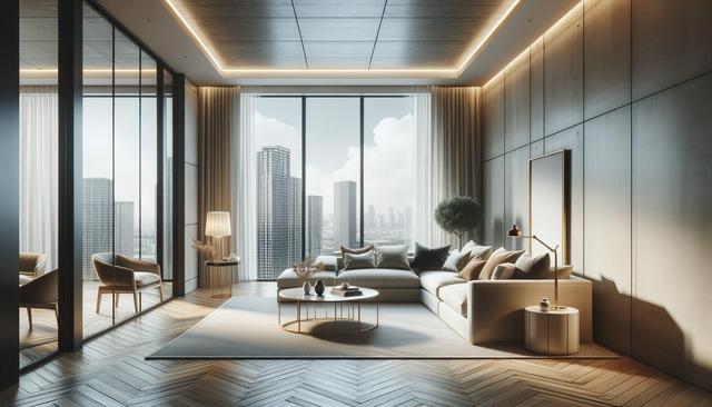 Modern living room with large windows, city view, light tones, and minimalist decor.