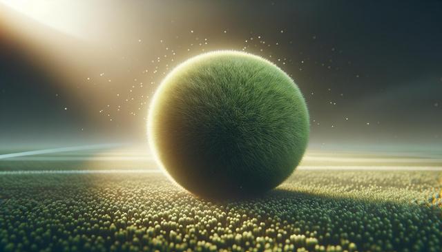 A textured, fuzzy green sphere sits in soft light with sparkling particles around it.