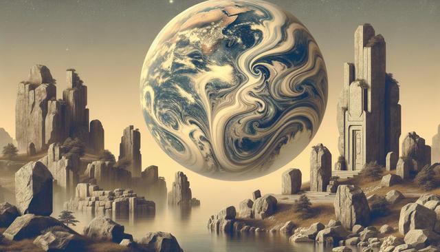 A surreal landscape with towering rock formations and a large floating, swirled planet in the sky.