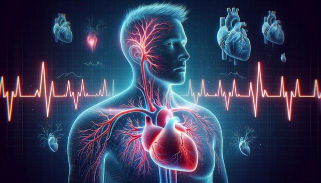Digital illustration of a human figure with visible heart and blood vessels, overlaid with heartbeat lines.
