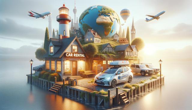 A floating island features a car rental shop, cars, a lighthouse, and a globe with various landmarks, surrounded by water and flying airplanes.