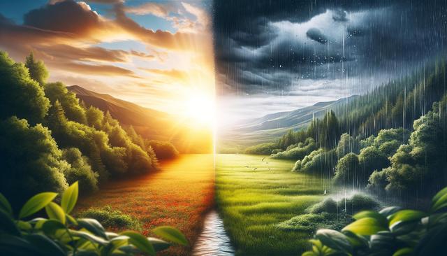 A landscape split into sunny and rainy scenes with trees and mountains.