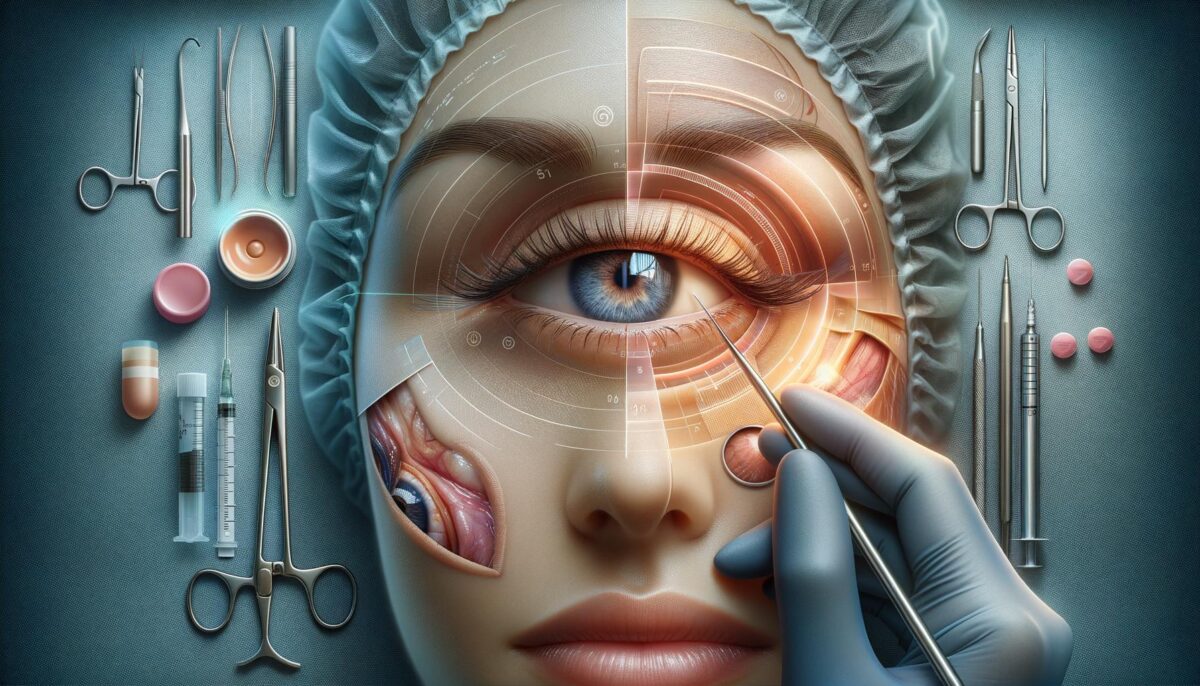 A close-up of a human eye surrounded by surgical instruments, with a gloved hand holding a scalpel near the eye.