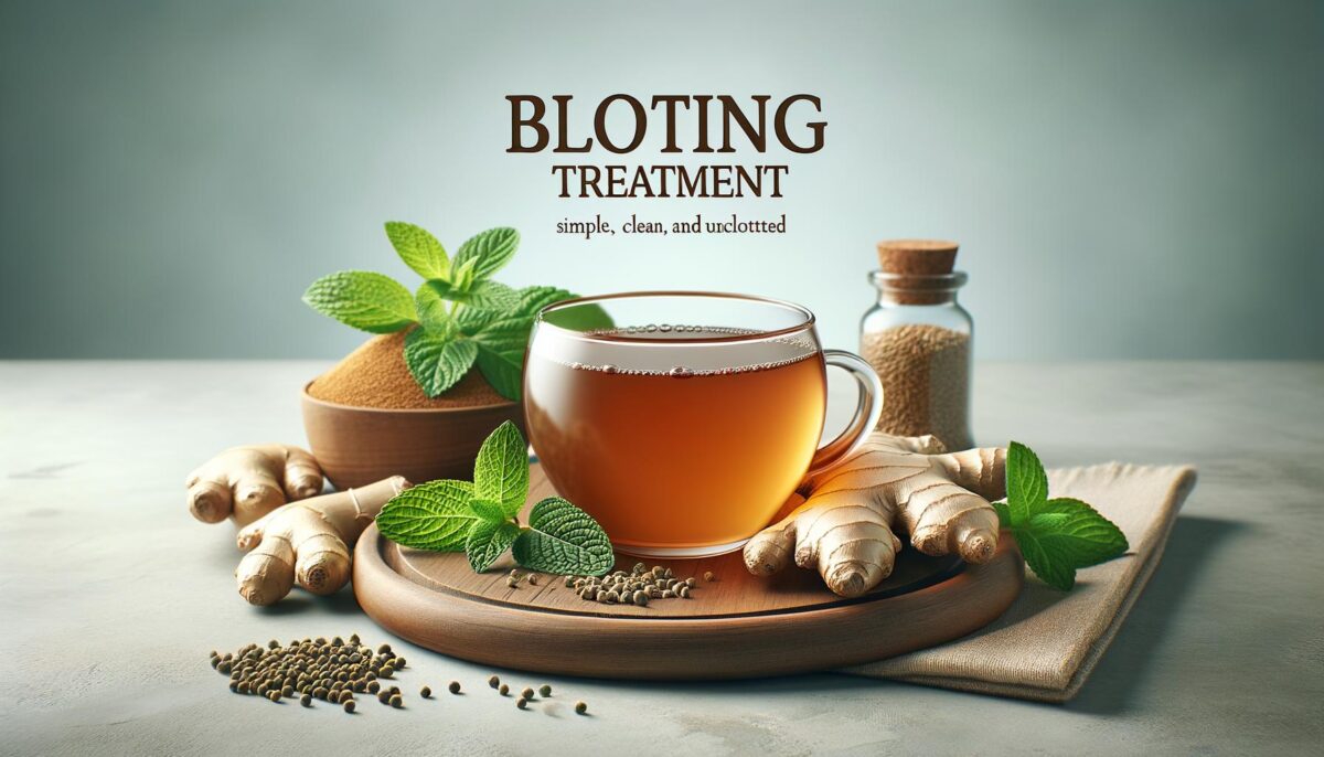 A glass cup of herbal tea surrounded by ginger, mint leaves, peppercorns, and a jar of powder with the words "Bloting Treatment."
