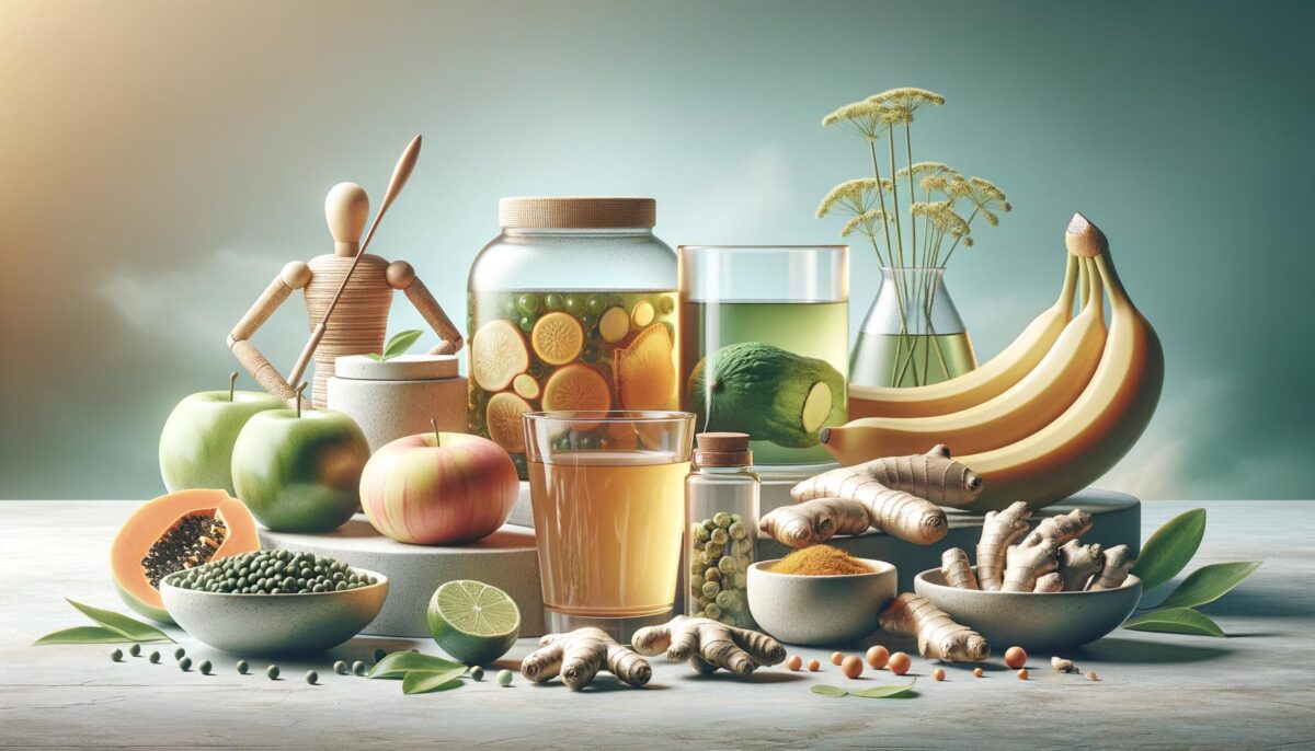 Assortment of fruits, ginger, herbs, and juices on a wooden table.