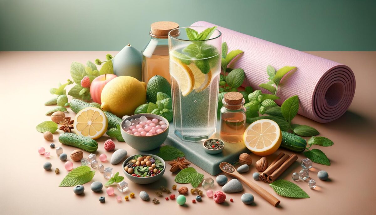Fresh fruits, herbs, spices, and a water glass with lemon slices on a table, surrounded by a yoga mat and wellness items.
