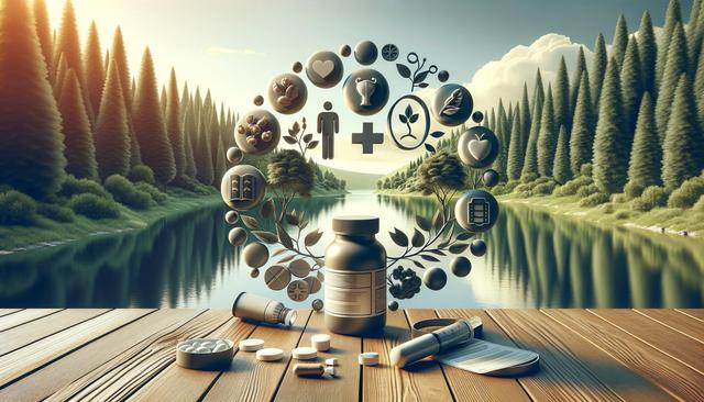 A medicine bottle surrounded by health symbols on a wooden table, set against a tranquil forest and lake background.