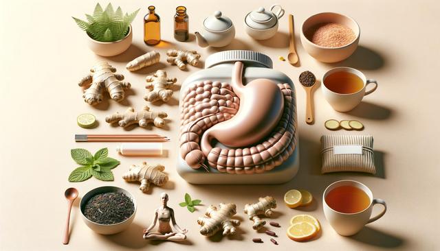 A flat lay of digestive health elements: ginger roots, herbs, lemon slices, tea, capsules, human digestive organs, and wellness items.
