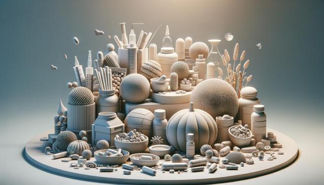A collection of monochromatic abstract sculptures resembling organic shapes and industrial objects on a round platform.