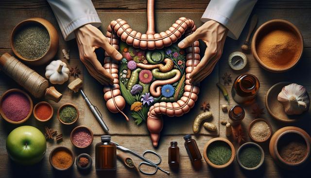 Hands holding a model of human intestines filled with flowers and plants, surrounded by herbs, spices, and bottles on a wooden table.
