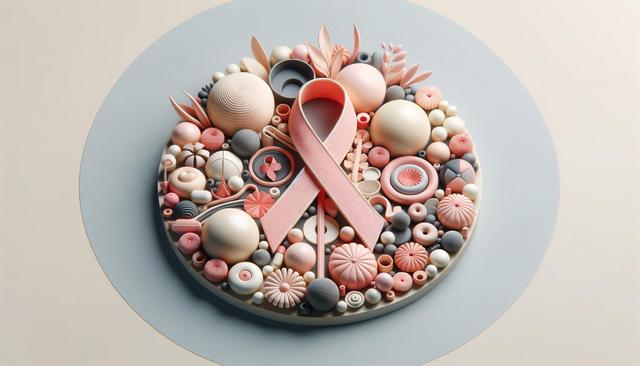 A 3D pink ribbon made of various geometric shapes on a circular background.