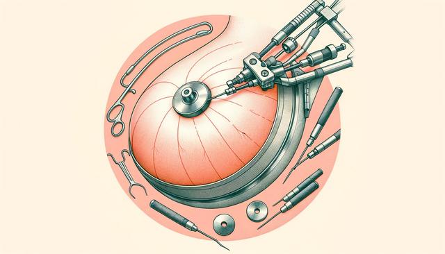 Mechanical heart surrounded by surgical tools in a circle.