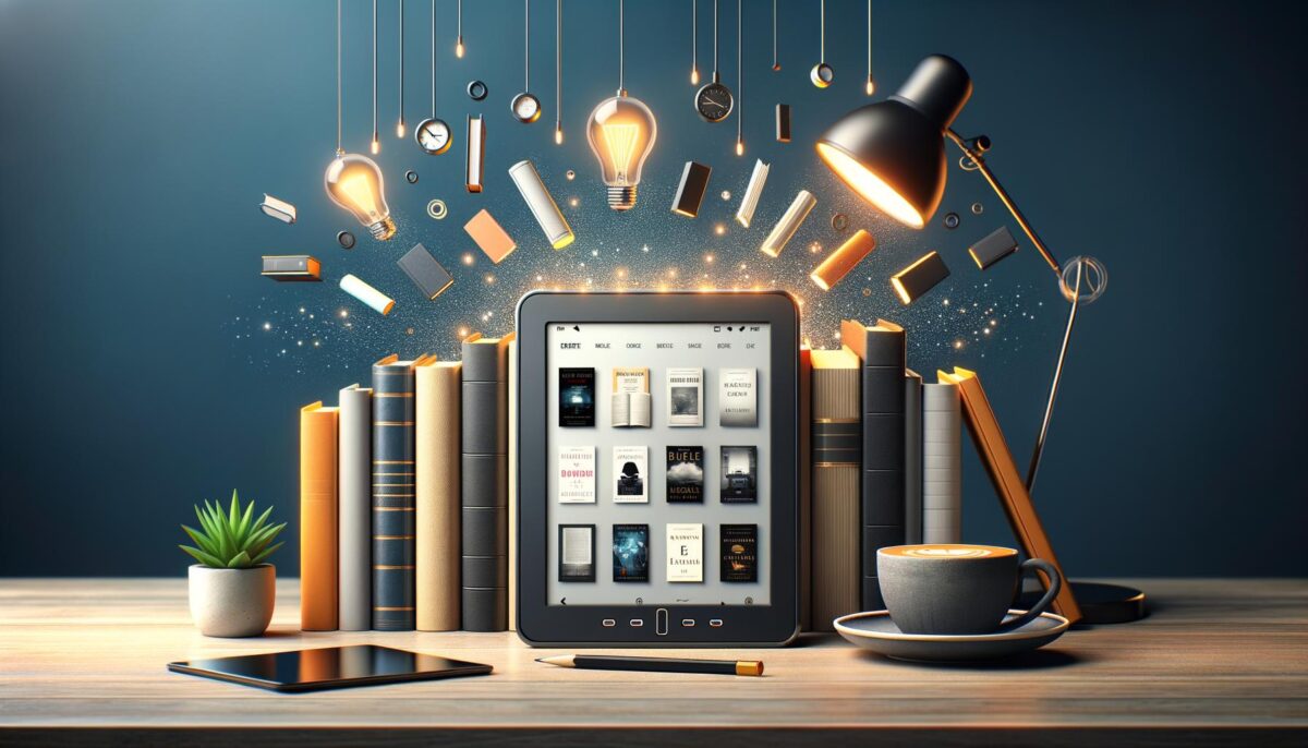 A tablet displaying book covers is surrounded by flying books, light bulbs, and clocks on a desk with a lamp, plant, coffee cup, and pen.