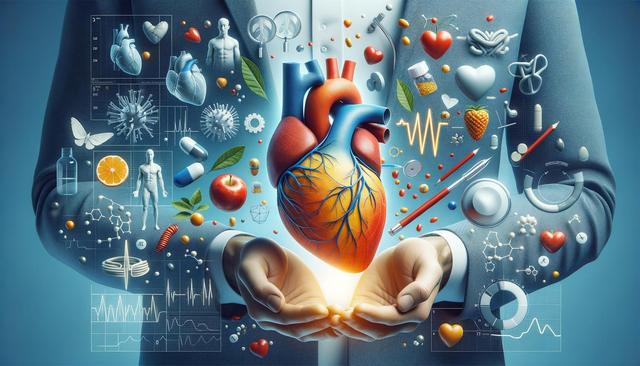 Illustration of a digital heart held in hands, surrounded by health symbols, medical tools, fruits, and graphs.