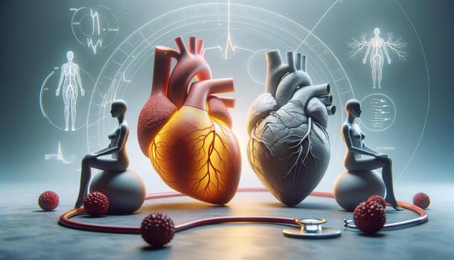 Two stylized hearts, one red and glowing, one gray, with human figures, medical symbols, and a stethoscope around them.