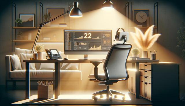A cozy home office with a computer screen showing graphs, a chair, desk lamp, phone, and plants, bathed in warm sunlight.