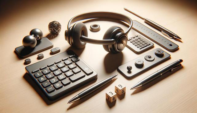 Black office gadgets, pens, a headset, a calculator, dice, and decorative items on a wooden desk.