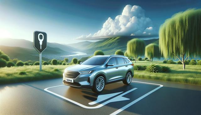 Silver SUV on a marked parking spot, lush green landscape, river and hills in background, large clouds overhead.