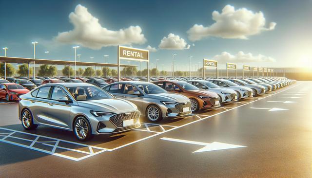 Dozens of parked rental cars in neat rows under a sunny sky.
