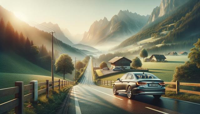 A car drives down a winding road through a scenic mountain landscape at sunrise, with mist and evergreen trees.