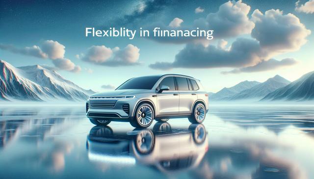 A sleek SUV on an icy surface with mountains and clouds in the background. Text reads, "Flexibility in financing" with a typo note: "Flexibilty in fiinancing."