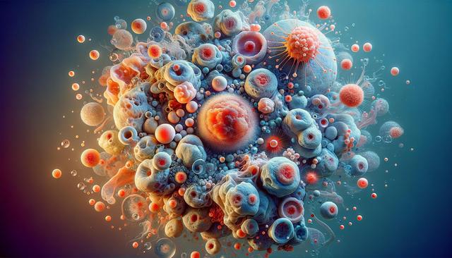 Colorful abstract rendering of microscopic cells with vibrant textures and spherical shapes.