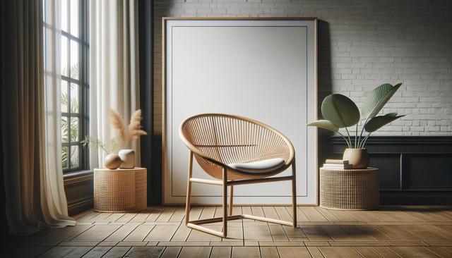 A modern room with a circular wicker chair, large blank frame, plants, and natural light streaming through a window.