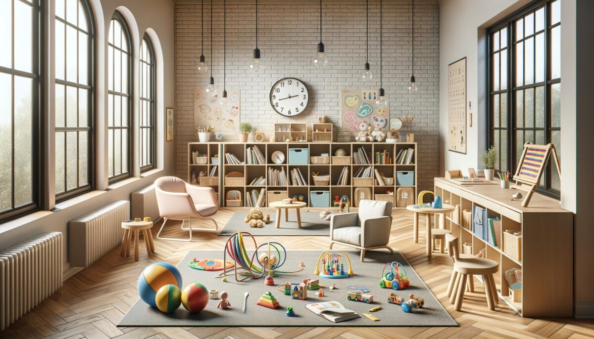 Bright playroom with wooden shelves, toys, books, and comfy chairs. Large windows let in natural light.
