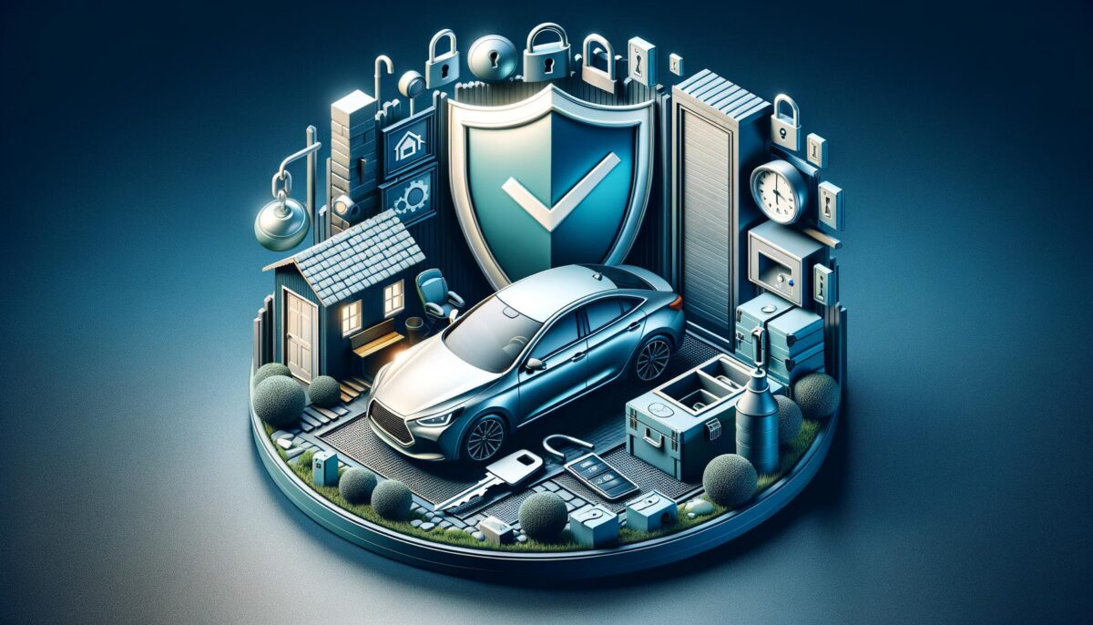 A digital illustration of a car surrounded by security icons, like locks and a checkmark shield, symbolizing protection.