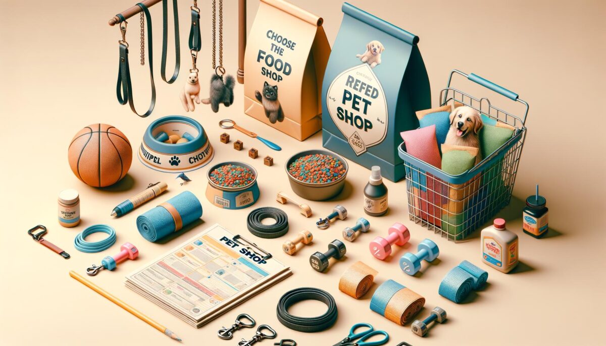 Pet shop display with various pet supplies including food bags, bowls, toys, leashes, and a basket with a puppy and cushions.