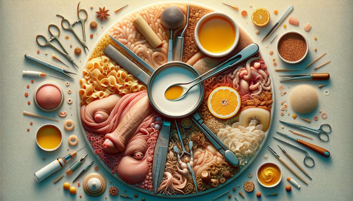 A circular arrangement of surgical tools and food resembles anatomical features, with vibrant colors and textures.
