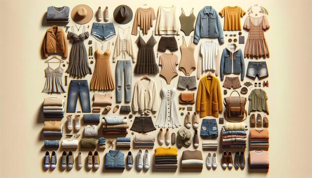 Fashion items organized in a grid, featuring clothing, shoes, and accessories in earth tones like beige, brown, and mustard.