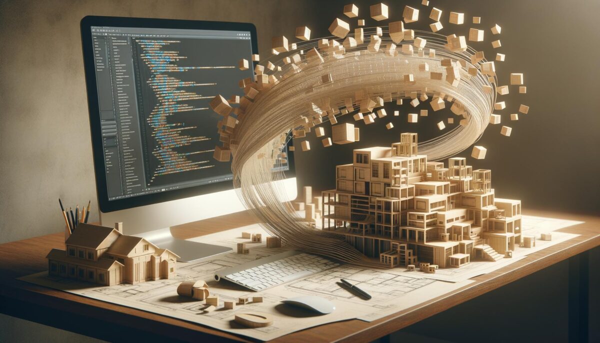 A computer displays code on a desk filled with architectural drawings, alongside miniature wooden buildings and swirling cubes.