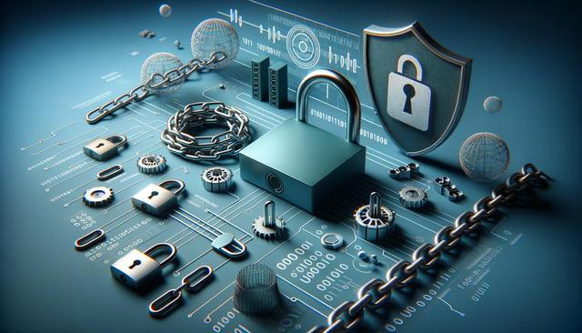 Digital security theme with padlocks, chains, binary code, and a shield on a circuit board.
