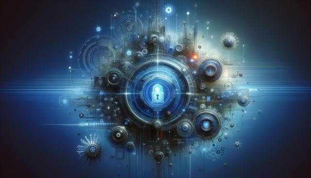Futuristic digital lock with circuits and patterns on a blue background.